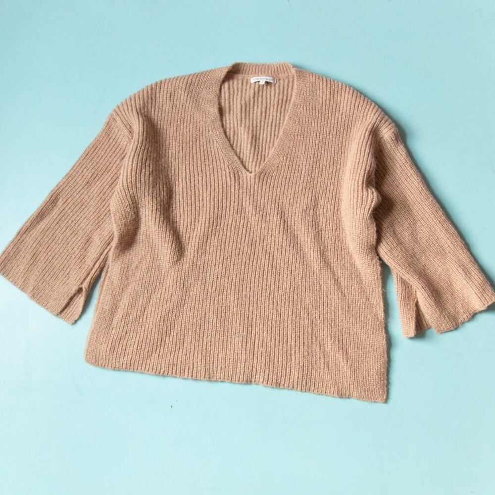 Rebecca Minkoff Remi Tan V-Neck Wool Mohair Knit Sweater Size Small Ribbed - Picture 2 of 10